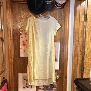 Flax Pale Yellow Short Sleeve Dress Size S w/ mini cowl collar & side pockets